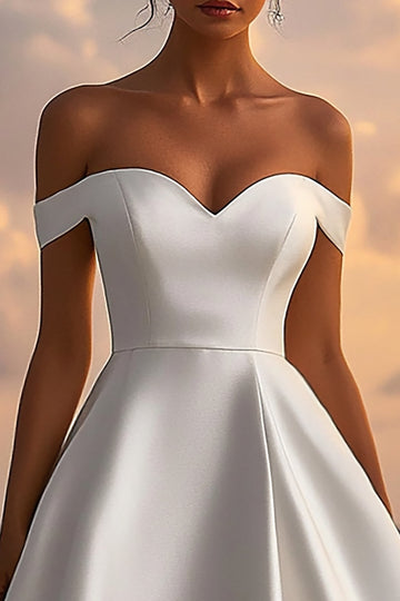 Satin Off The Shoulder Tea Length White Graduation Dress